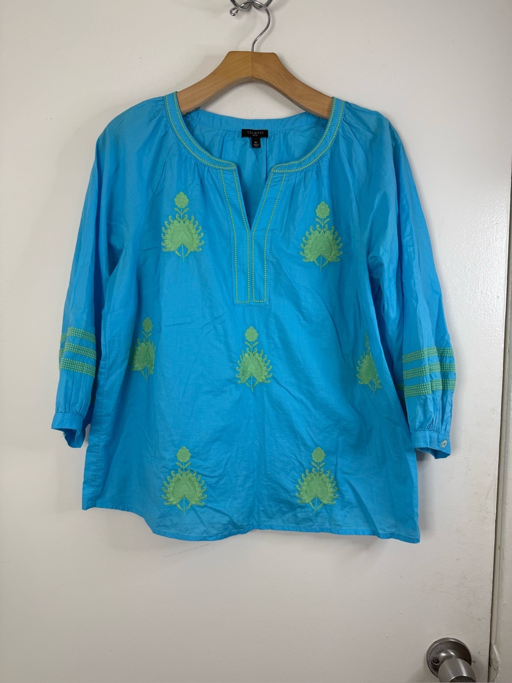 Talbots blue and vibrant light green, voile, embroidered cotton popover top MP - Picture 2 of 8